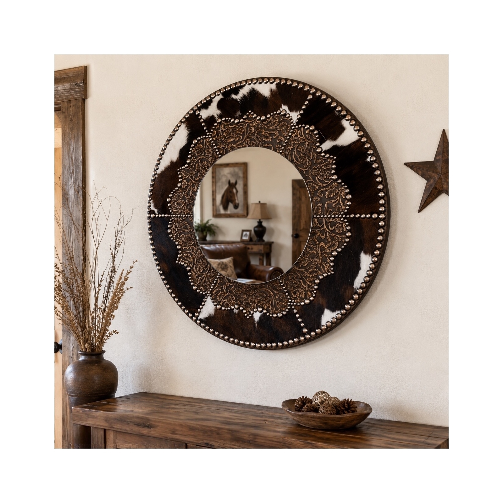 FancyRound Cowhide & Floral Leather Western Mirror